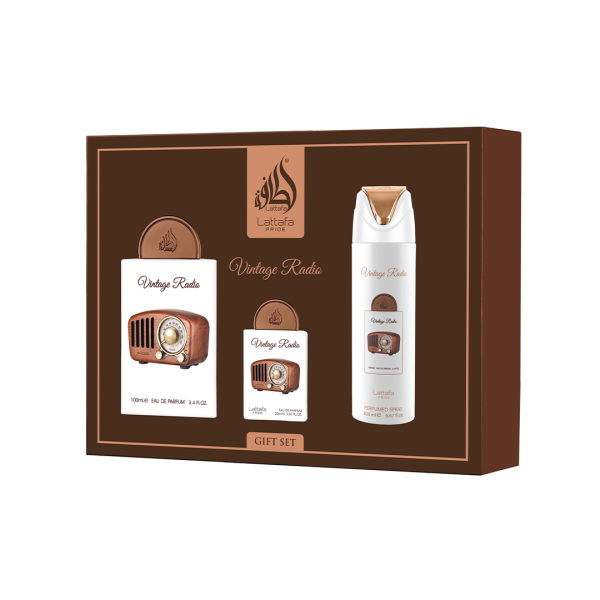 Lattafa Pride Vintage Radio Geschenkset mit Eau de Parfum, Deospray und Miniatur