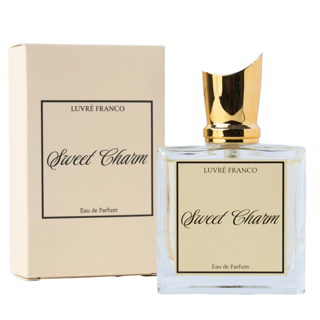 LUVRÉ FRANCO Sweet Charm EdP Flakon auf einem stilvollen Hintergrund